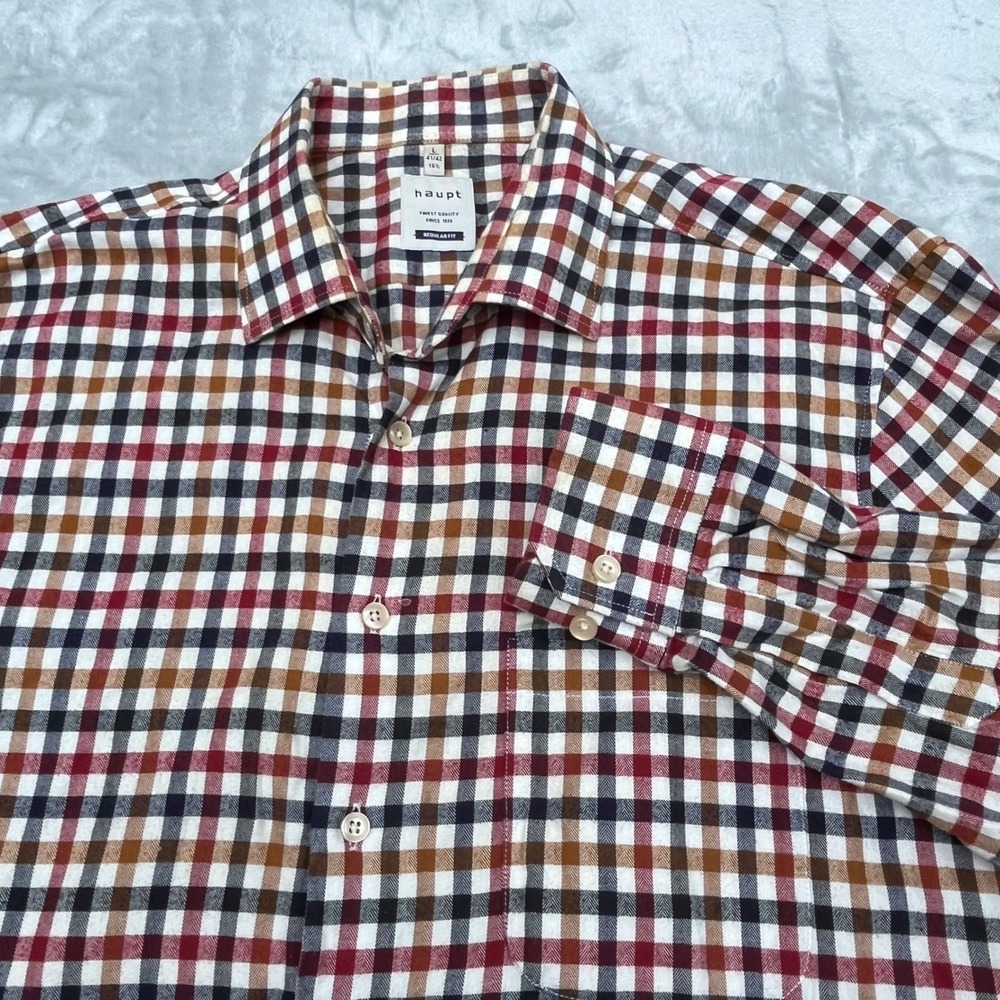 Haupt Mens Regular Fit Gingham Plaid Button Down Shirt Red Blue Brown L 41/42